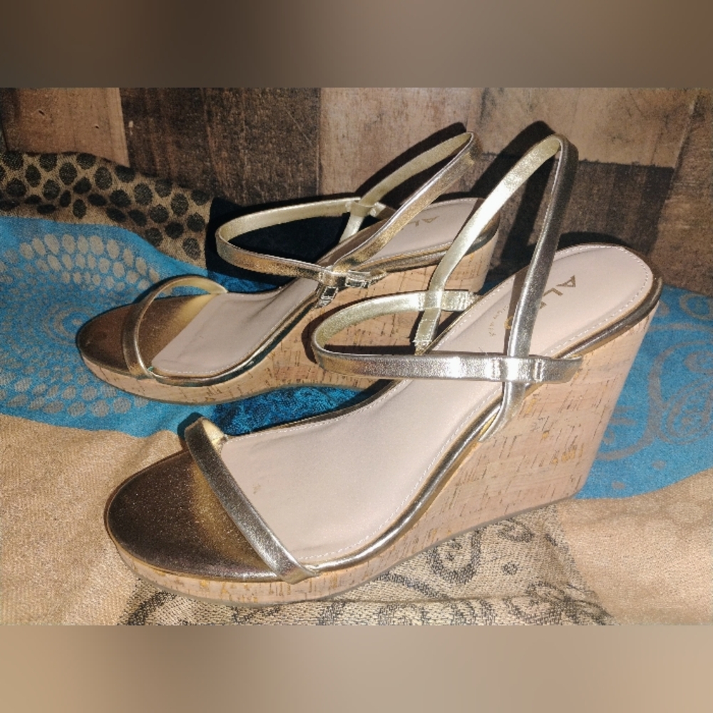 Metallic Gold Wedge Sandals - Women's Strappy Cork Wedges